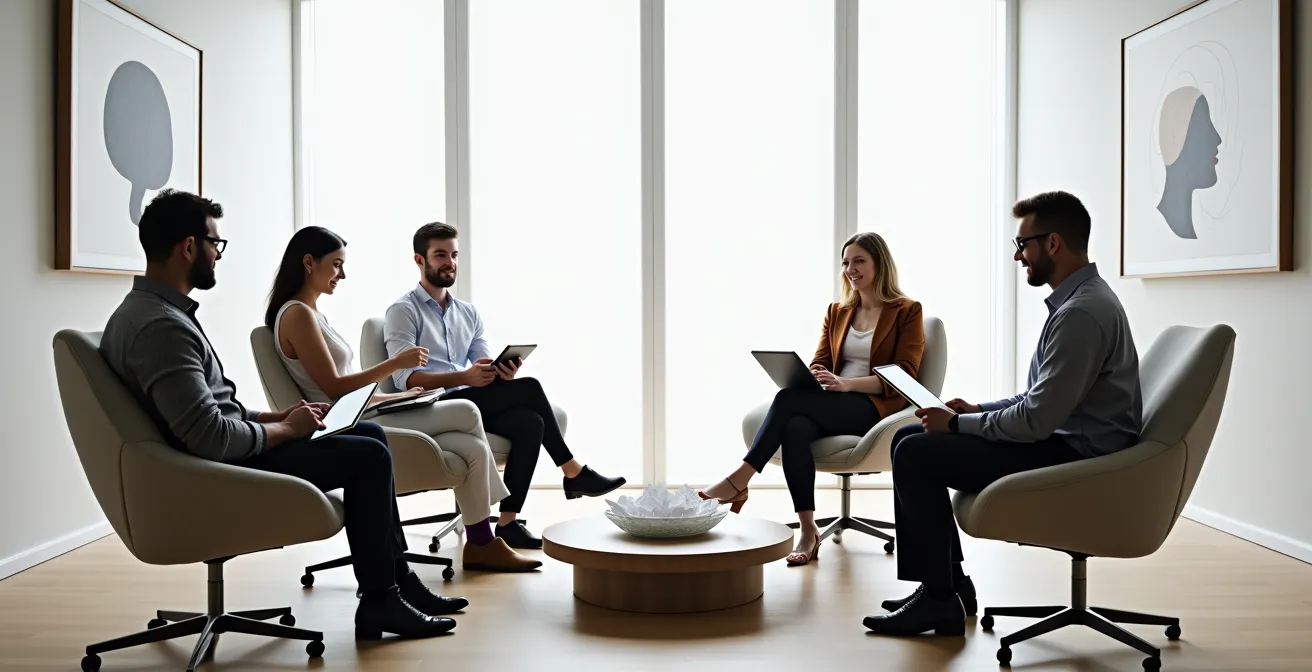 Marketing team conducting retrospective meeting with anonymous feedback collection