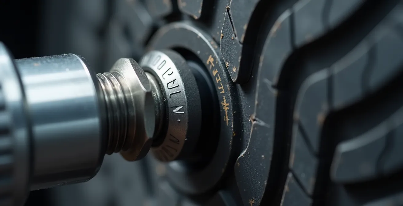 Close-up macro shot of professional tire pressure gauge showing optimal PSI reading