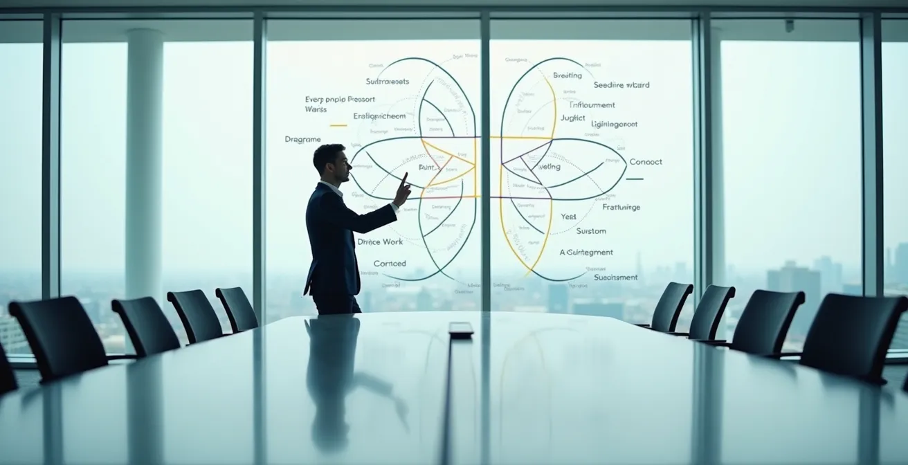 Business professional analyzing strategic options through transparent glass board with four quadrants
