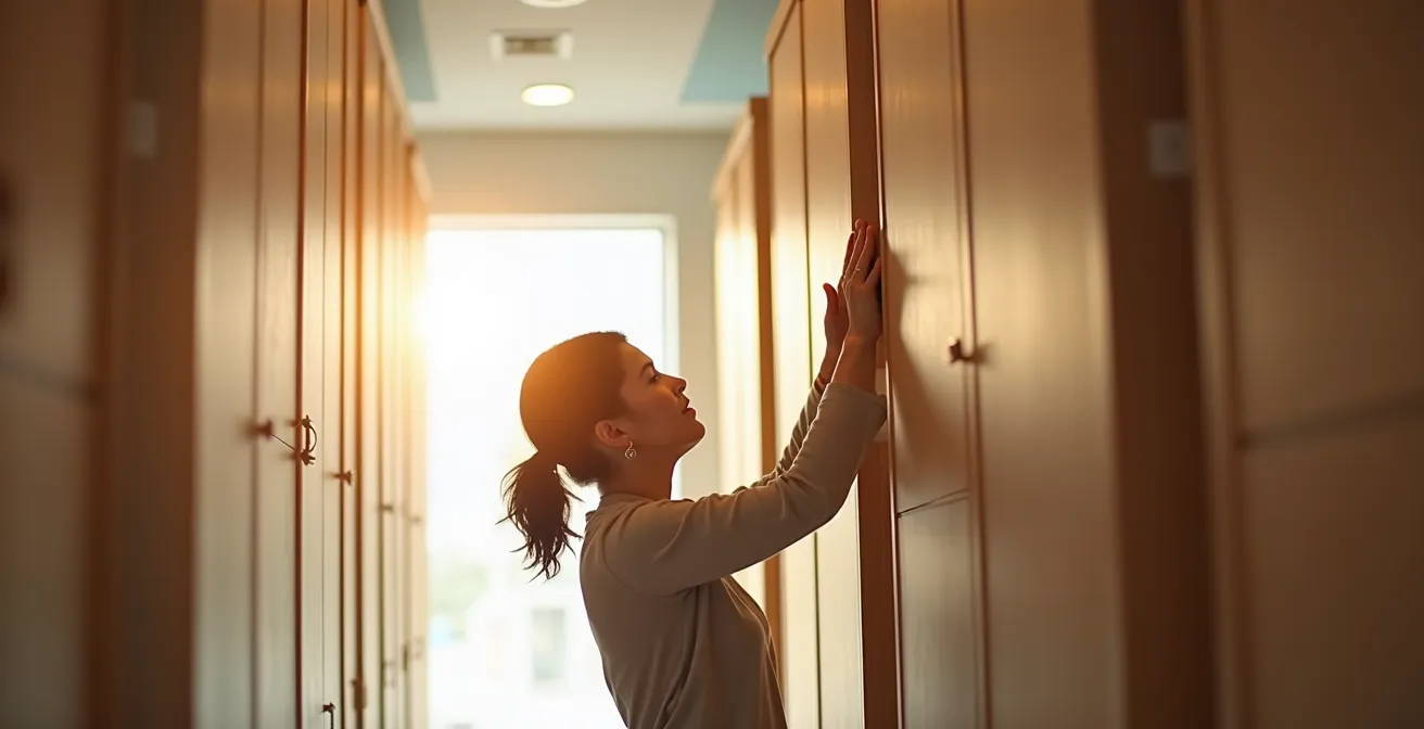 Floor-to-ceiling modular storage creating visual height in a compact room, showcasing the psychological effect of building up.