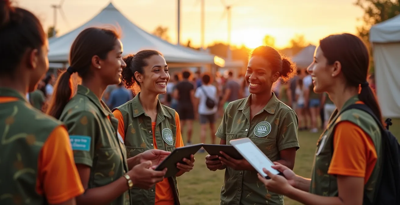 Volunteer teams checking real-time sustainability metrics on mobile devices at outdoor festival