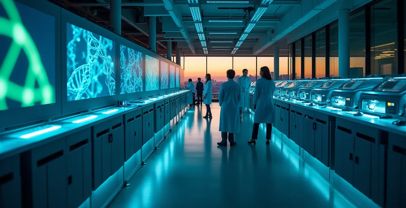 Wide environmental view of genomic sequencing facility with rows of illuminated sequencing machines and scientists analyzing data on large wall-mounted displays