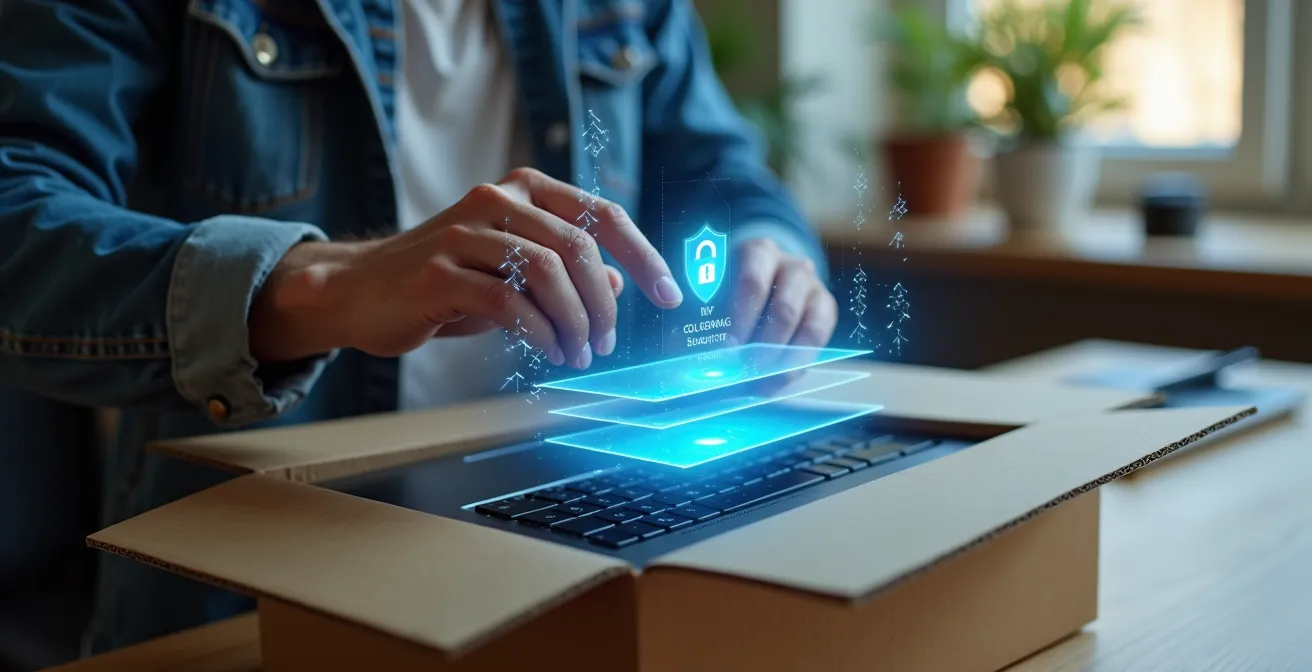 Sequential visualization of automated device setup process for remote employees with security checkpoints