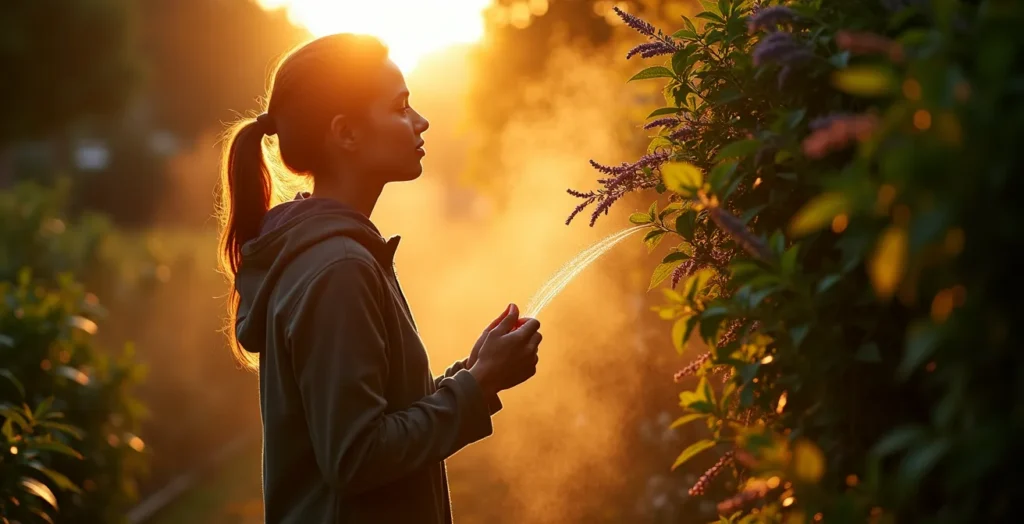 Person peacefully tending to a vertical herb garden in soft evening light Person peacefully tending to a vertical herb garden in soft evening light