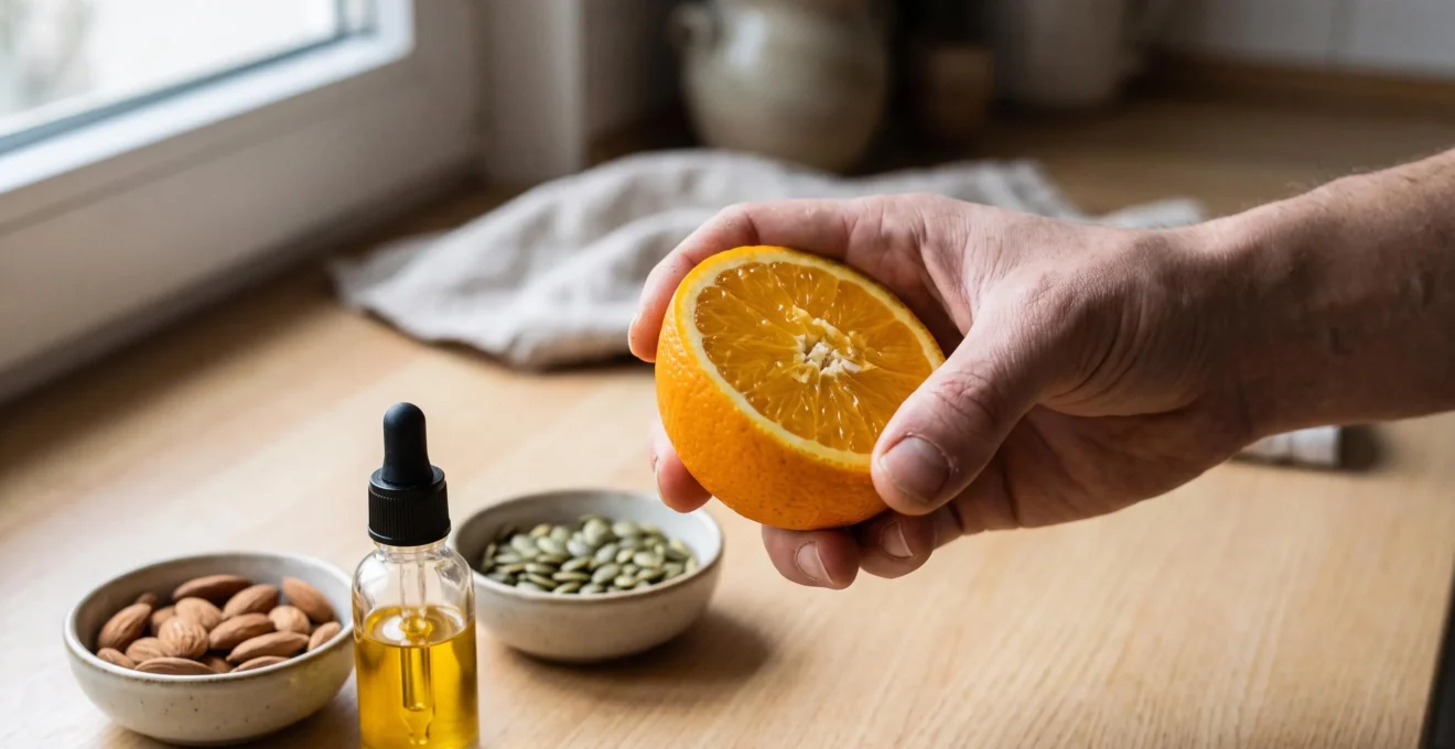 A hand squeezes an orange beside seeds and a vitamin D dropper.