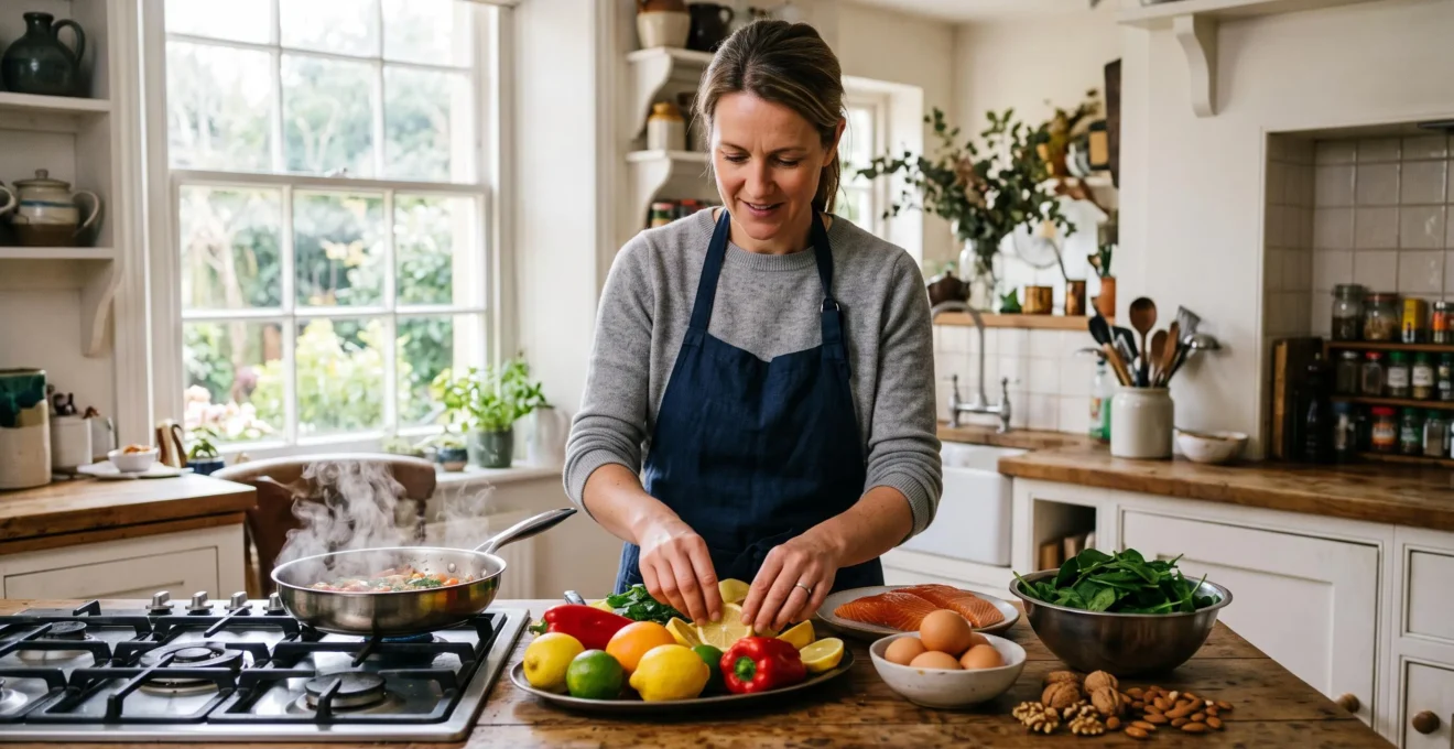 A woman prepares a colorful fresh meal rich in vitamins in her kitchen.