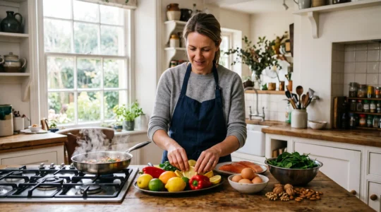 A woman prepares a colorful fresh meal rich in vitamins in her kitchen.