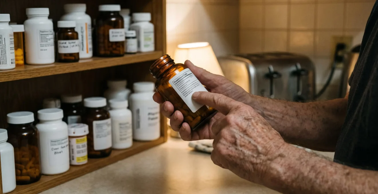 An older man carefully reads the label on a supplement bottle.